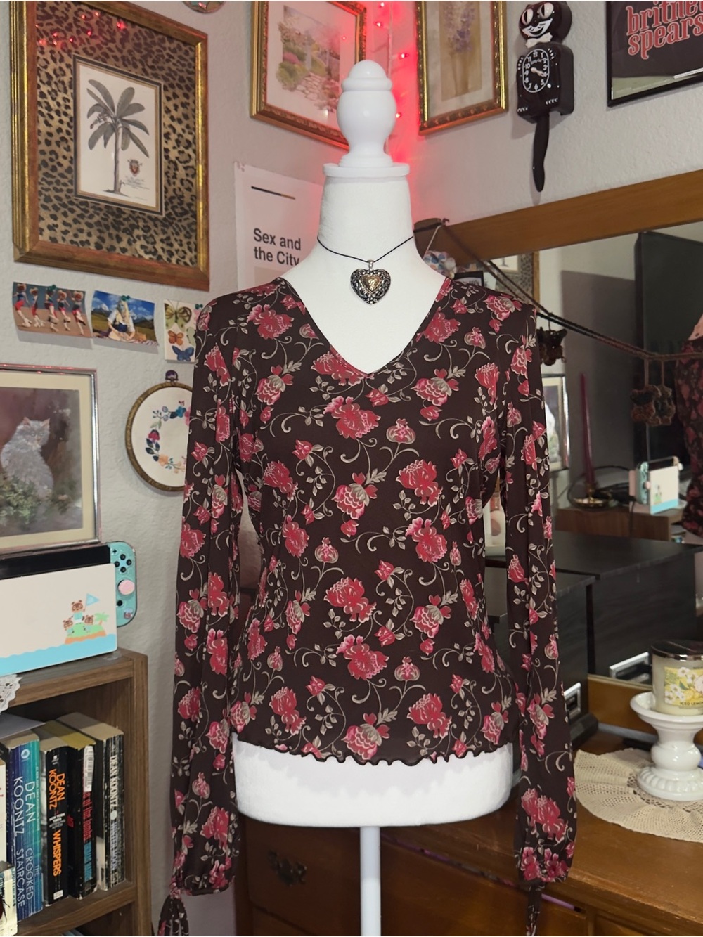 Y2K Brown Floral V-Neck Long Sleeve Top with Pink Roses - Picture 2 of 10